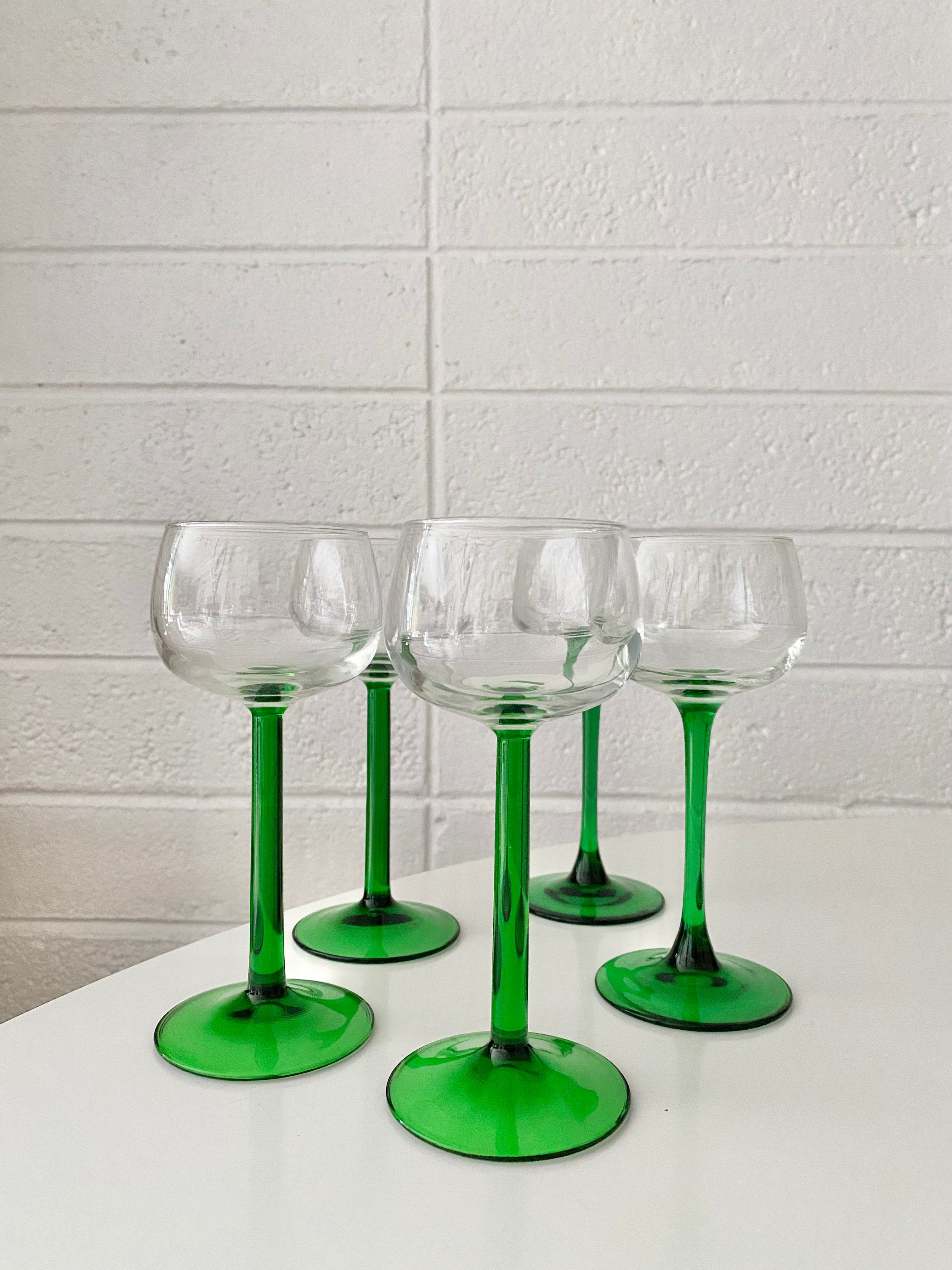 Green Depression Glass Stem Clear Small Cordial Drinking Glasses