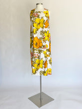 Load image into Gallery viewer, Retro seath dress with yellow, orange and sage flowers, front view