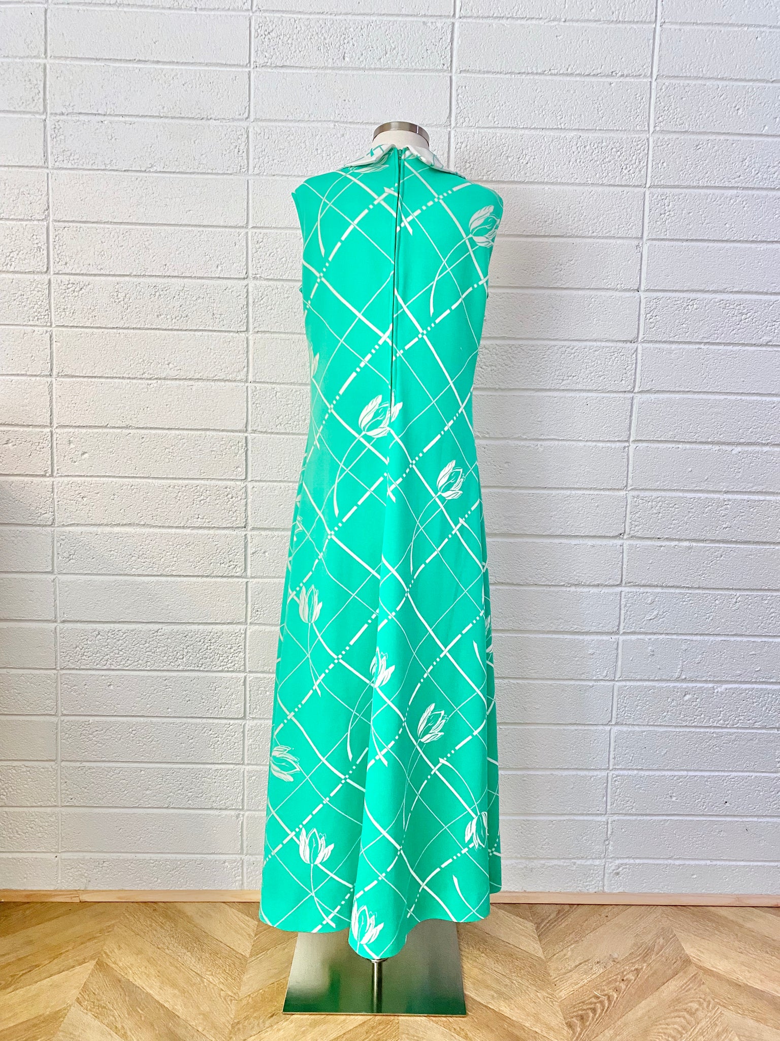 preppy maxi dress Vintage Preppy Mint and White Floral Maxi Dress with Collar