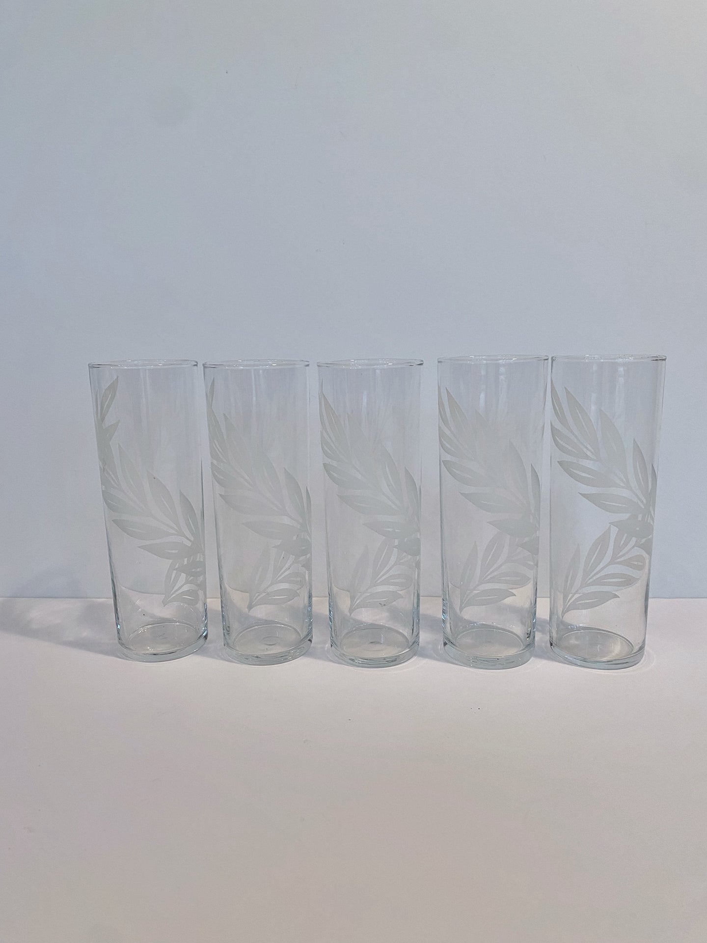 Vintage Federal Glass White Leaf Design Tom Collins Glasses Set of 5