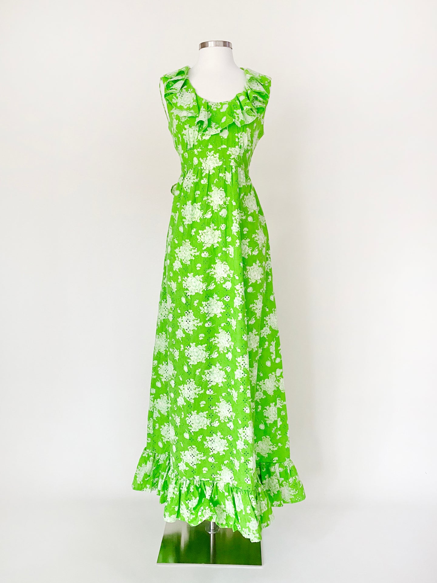 1960s Lime Green Floral Prairie Dress - Size S