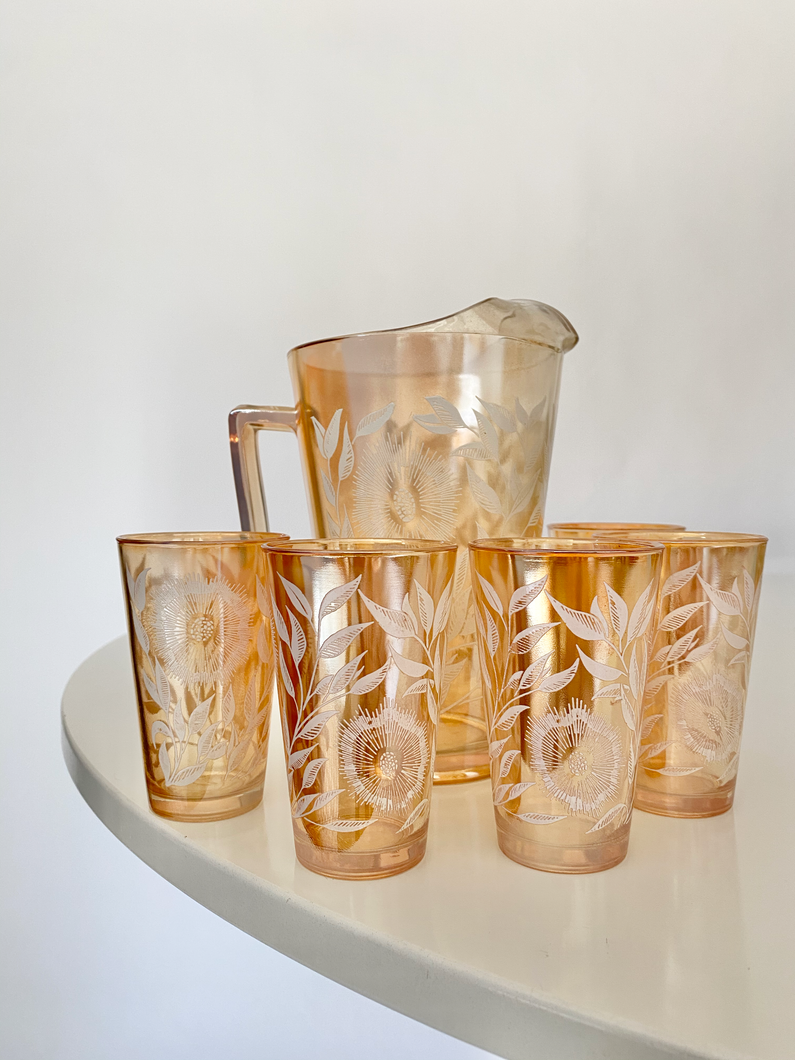 floral glassware with matching floral pitcher